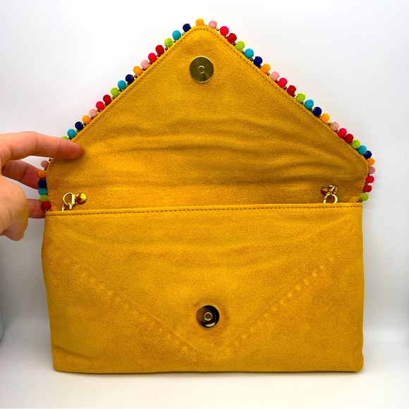 EXUMA / ANTHRO Leather Convertible Envelope Clutch - Yellow w Colorful Mini Poms - Picture 4 of 6